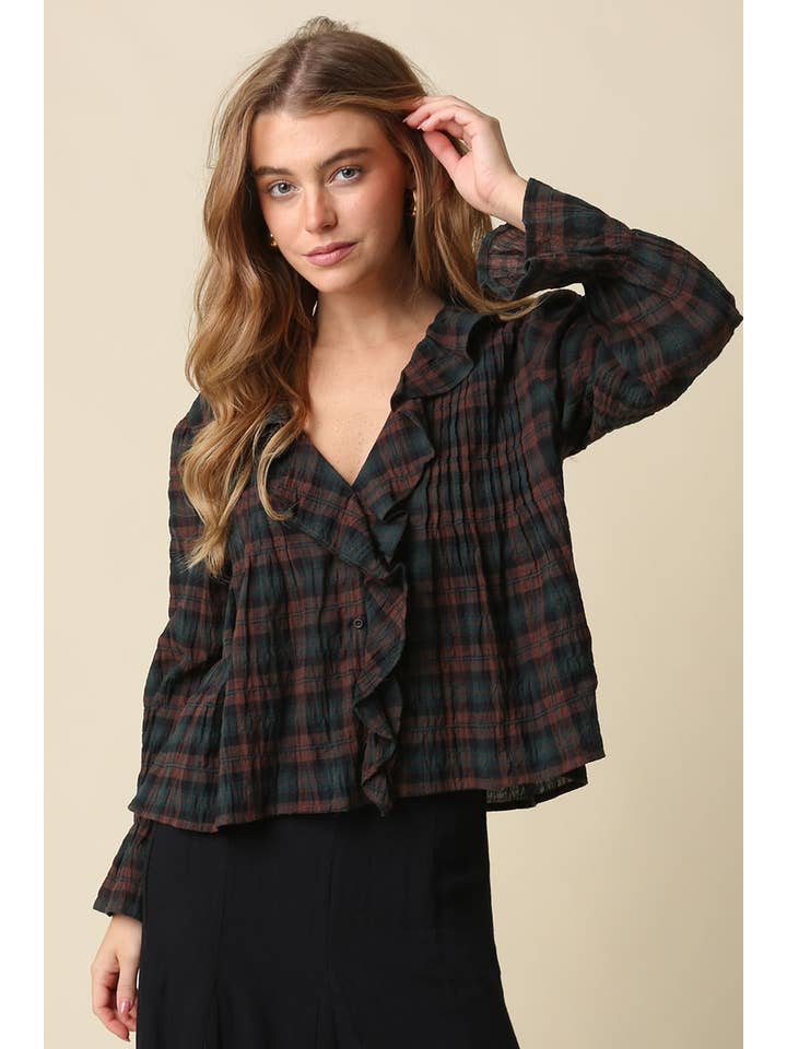 Lena Ruffle Trim Plaid Blouse