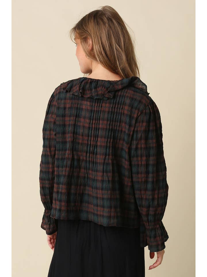 Lena Ruffle Trim Plaid Blouse