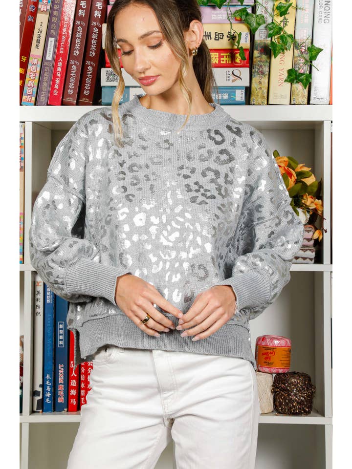 Leopard Foil Print Crew Neck Knitted Sweater Top