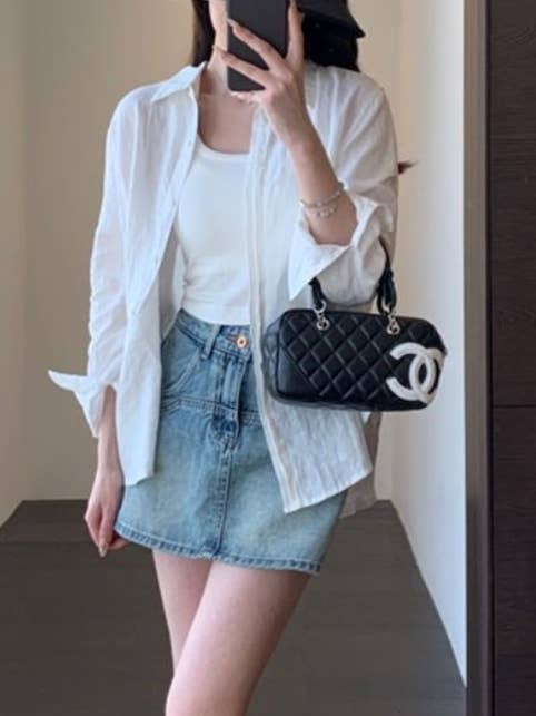 Lightweight Cotton Linen Button Down Blouse in White