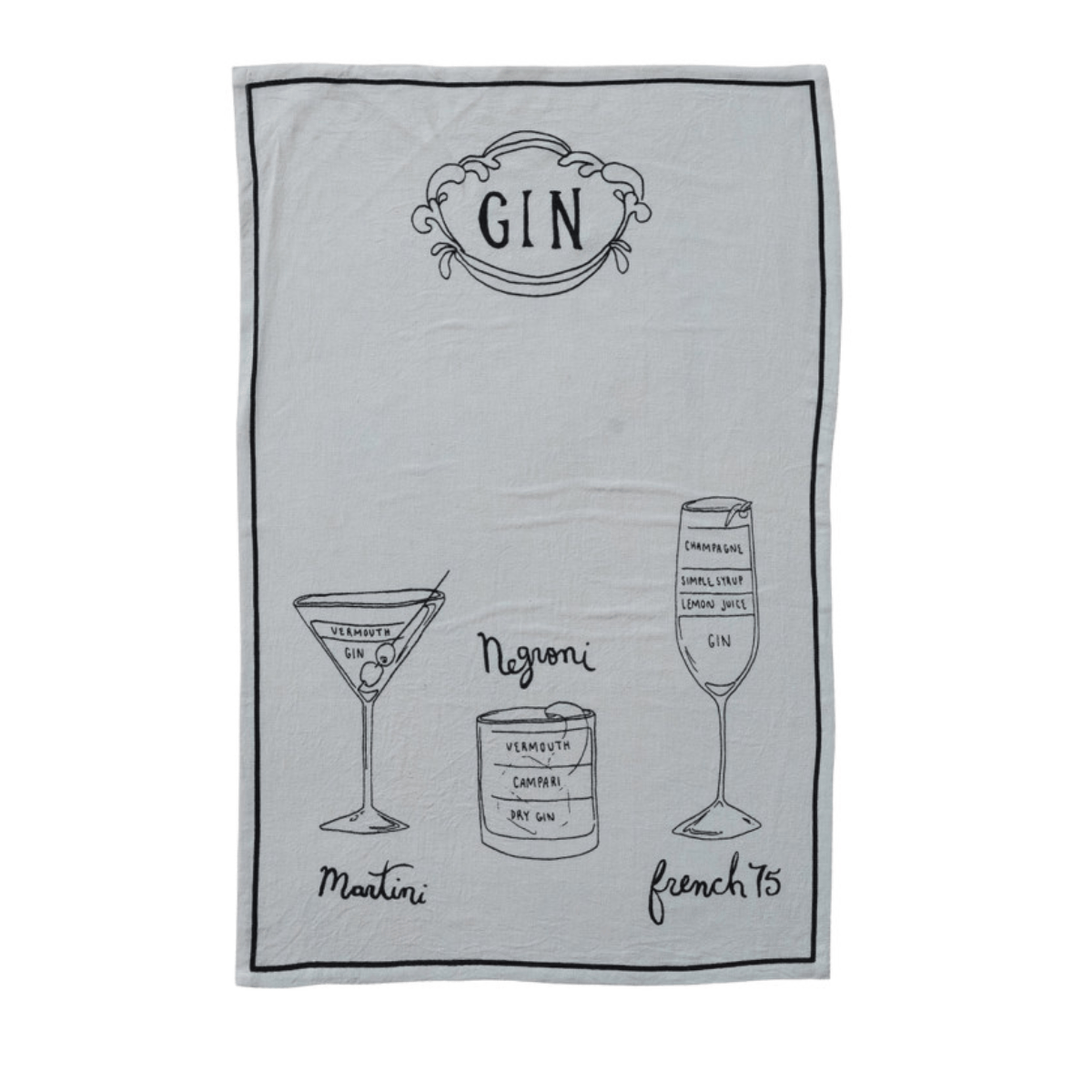 Linen Blend Tea Towel with Cocktail Recipes & Art