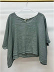 Linen Dolman Sleeve V-Neck Crop Top in Army Green
