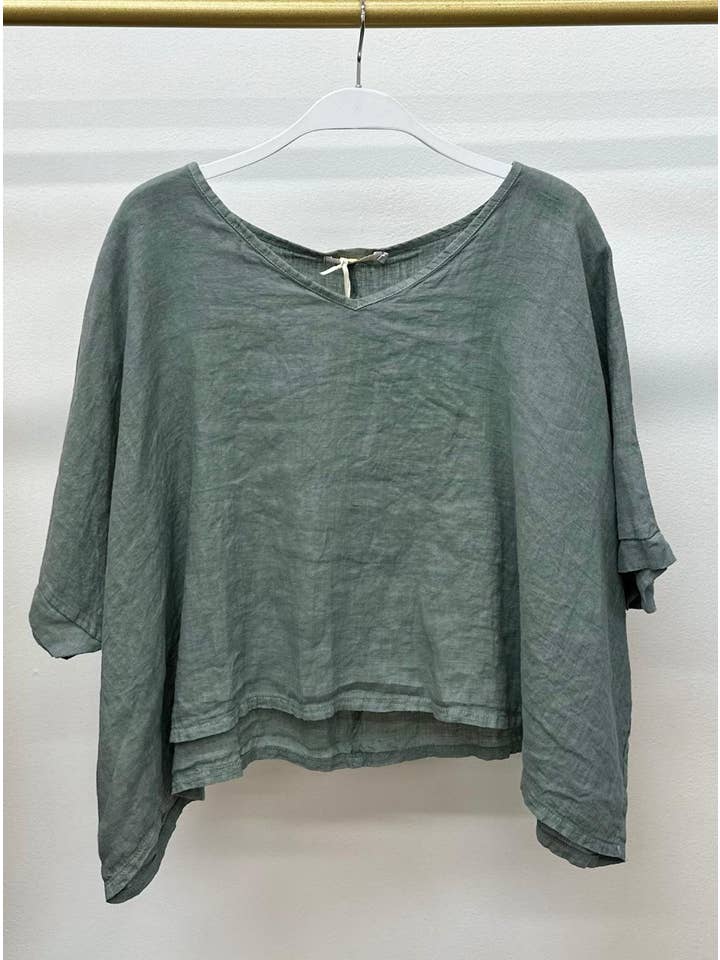 Linen Dolman Sleeve V-Neck Crop Top in Army Green