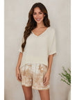 Linen Dolman Sleeve V-Neck Crop Top in Beige