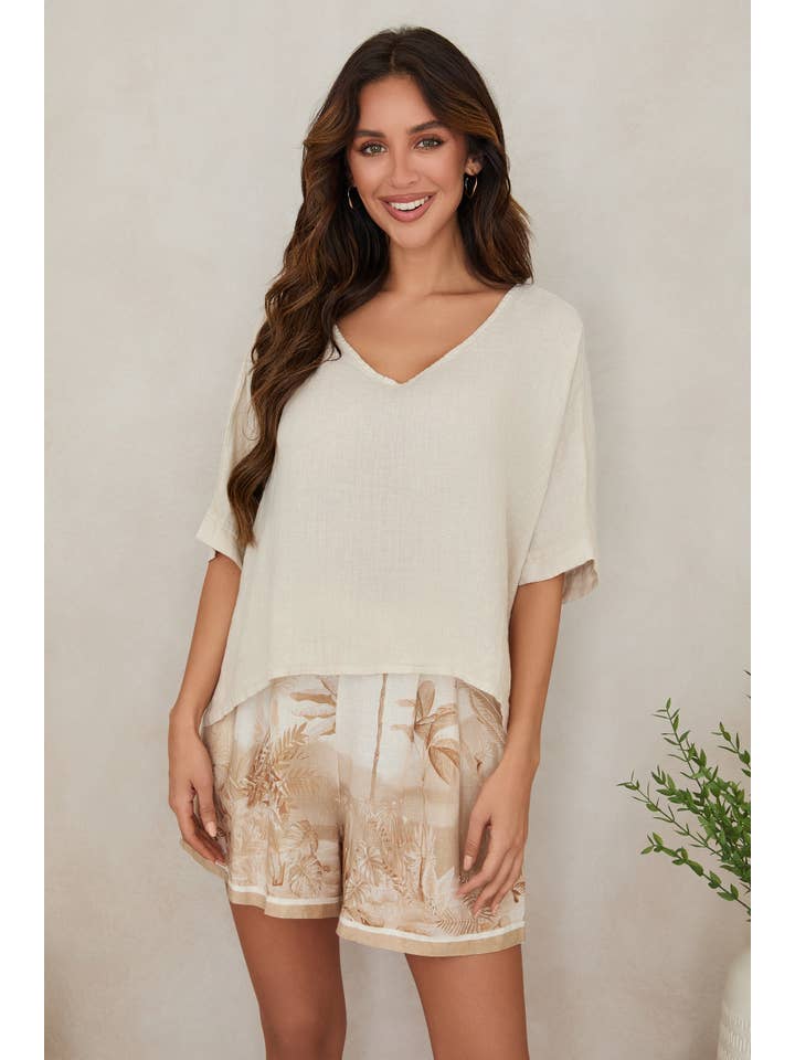 Linen Dolman Sleeve V-Neck Crop Top in Beige