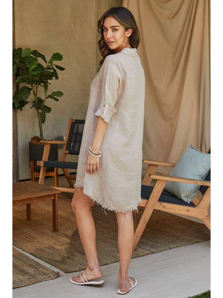 Linen Long Sleeve Button Down Mid-Length Dress in Beige