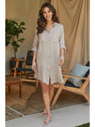 Linen Long Sleeve Button Down Mid-Length Dress in Beige