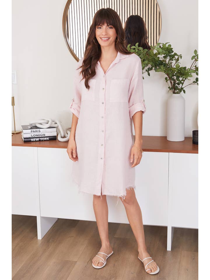 Linen Long Sleeve Button Down Mid-Length Dress in Blush