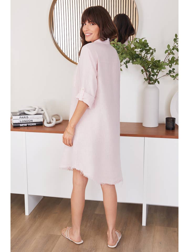 Linen Long Sleeve Button Down Mid-Length Dress in Blush