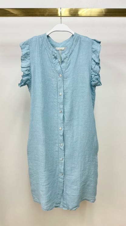 Linen Ruffled Cap Sleeve Button Front Dress