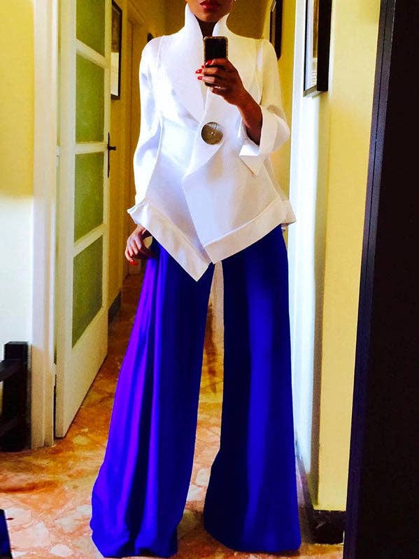 Long Sleeve Loose Buttoned White Stand Collar Shirt