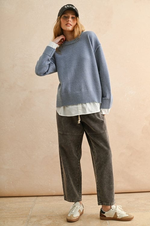 blue long sleeve layered sweater shirt