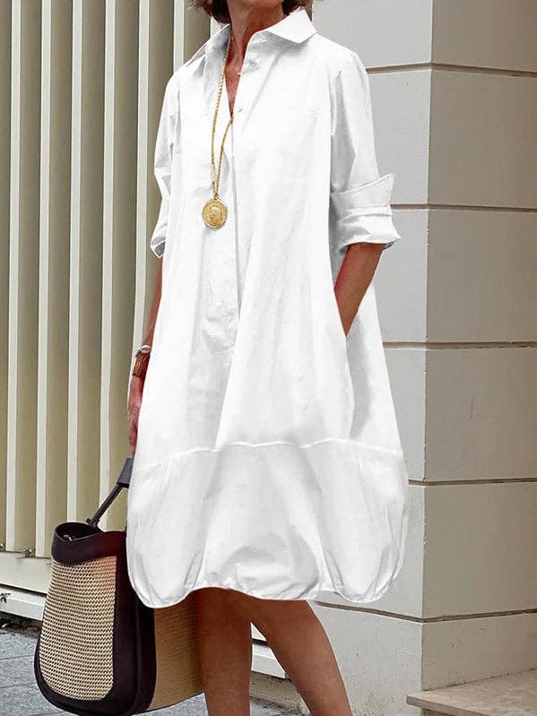 Long Sleeves Loose White Lapel Collar Midi Shirt Dress
