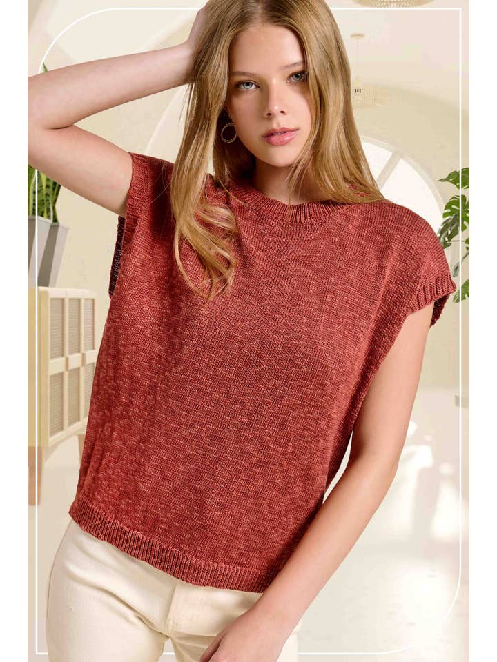 Loose Fit Sleeveless Ribbed Knit Mock Crew Neck Top