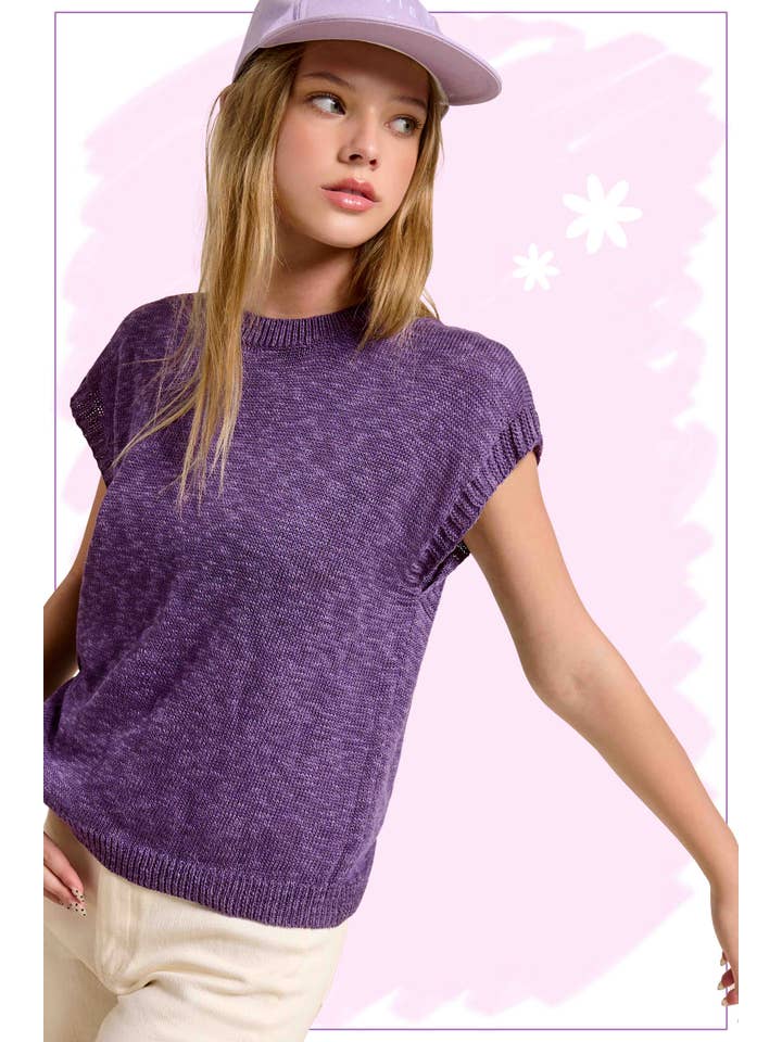 Loose Fit Sleeveless Ribbed Knit Mock Crew Neck Top