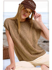 Loose Fit Sleeveless Ribbed Knit Mock Crew Neck Top