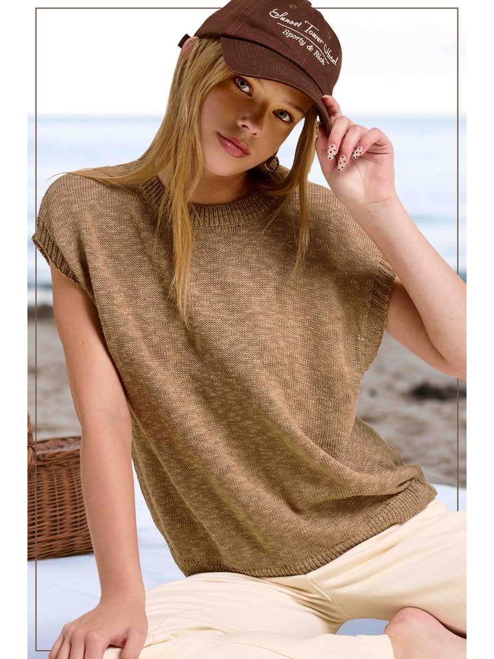 Loose Fit Sleeveless Ribbed Knit Mock Crew Neck Top