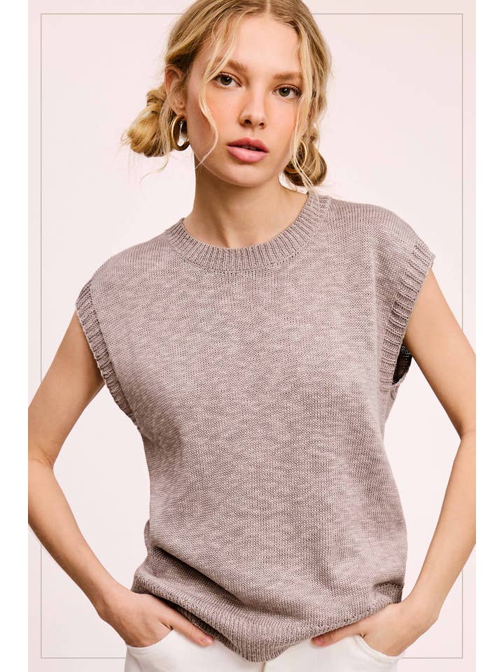 Loose Fit Sleeveless Ribbed Knit Mock Crew Neck Top