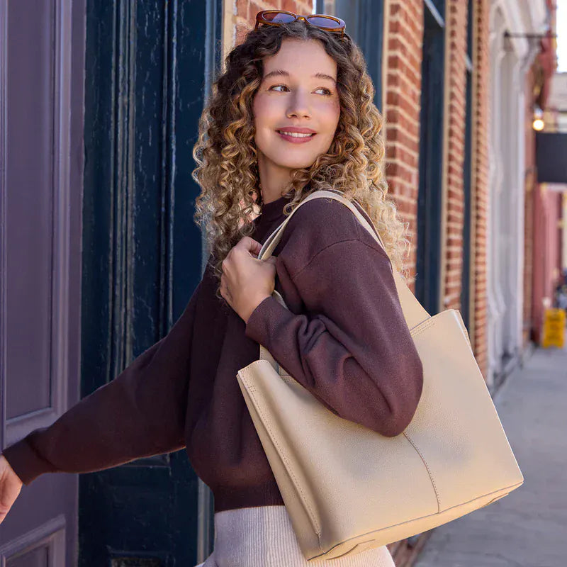 Vida Tote in Micro Pebbled Leather - Almond/Coconut