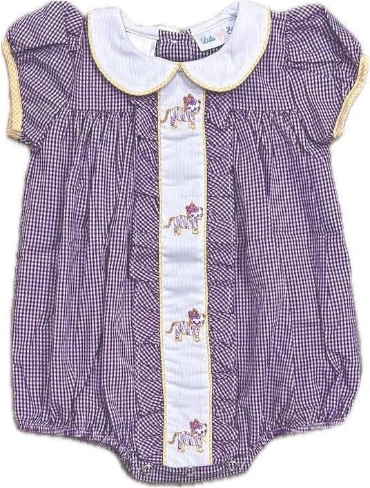 Milly LSU Tiger Embroidered Purple Gingham Bubble