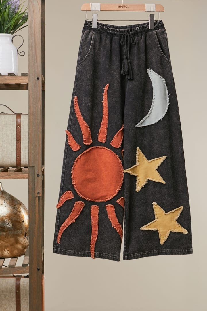 Mello. Women's Black Washed Celestial Patchwork Wide Leg Knit Pants