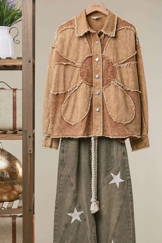 Khaki Flower Appliqué Shirt Jacket