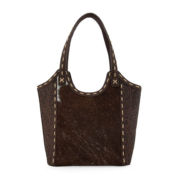 Coffee Genuine Hair-On Cowhide Tooled Tote