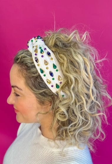 Mardi Gras Rhinestones and Beads on White Knot Headband