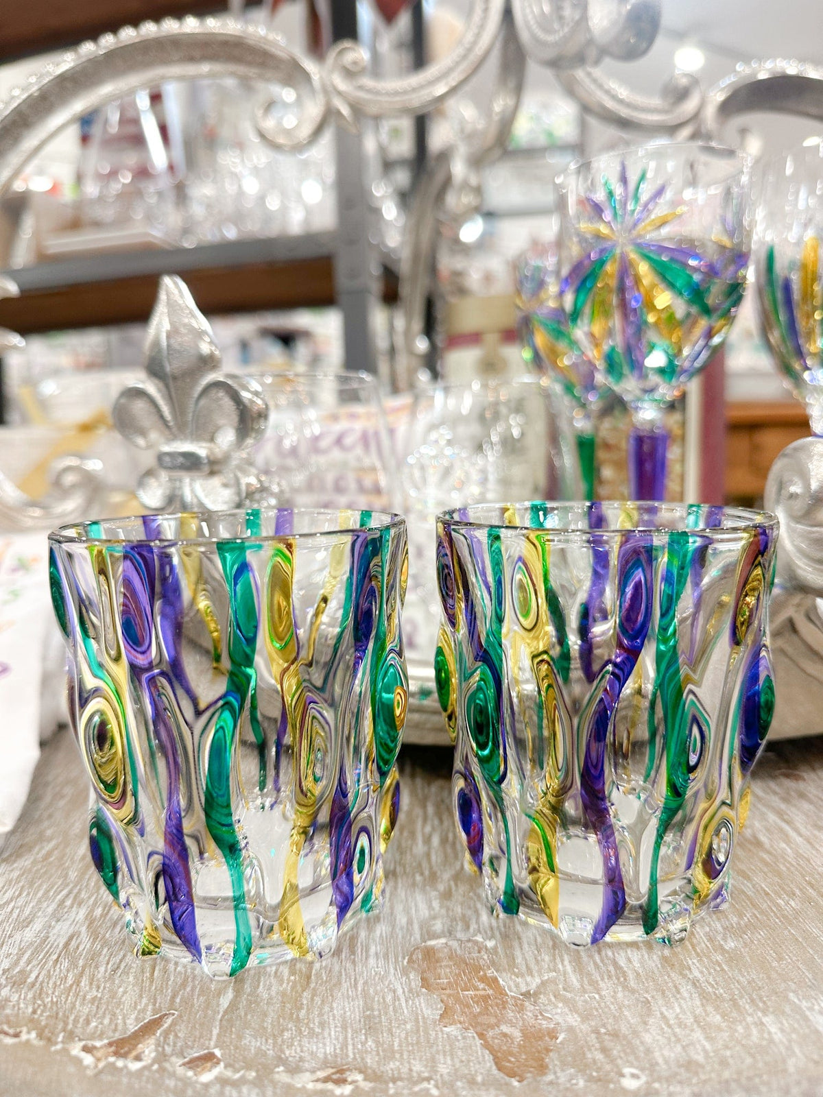 Mardi Gras Ribbon Double Old Fashion Whisky Glass