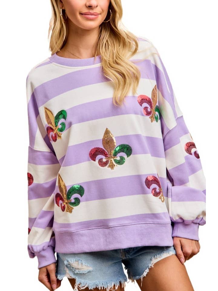 Mardi Gras Sequin Fleur de Lis Striped Pullover
