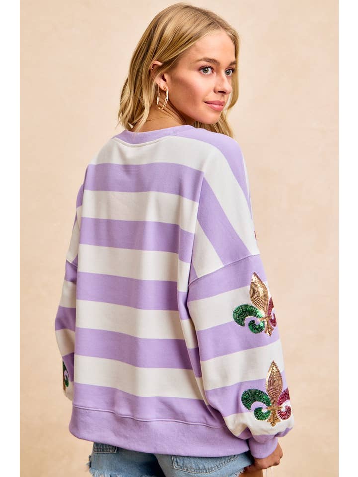 Mardi Gras Sequin Fleur de Lis Striped Pullover