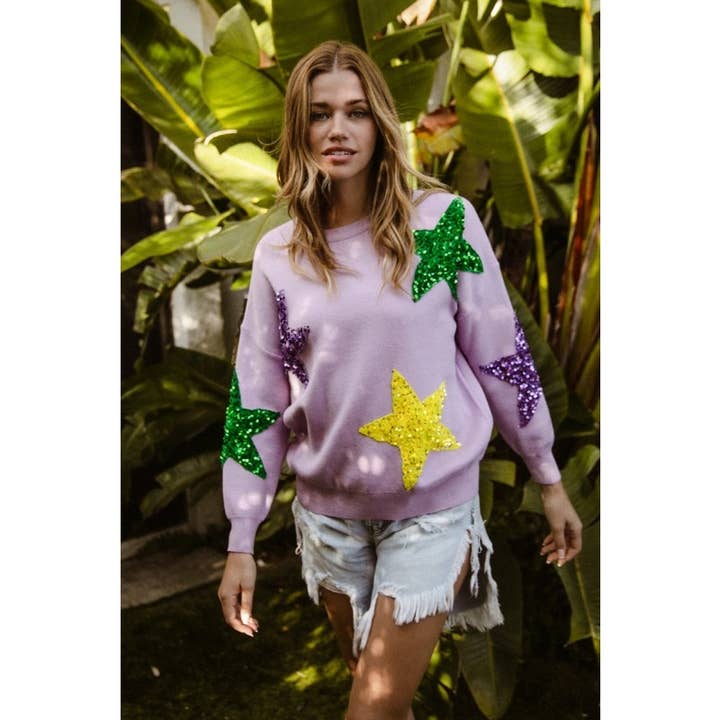 Mardi Gras Sequin Velvet Star Sweater in Lavender