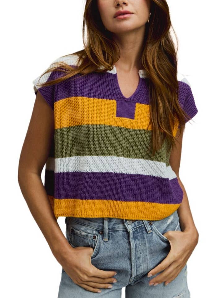short sleeve knit mardi gras stripe sweater