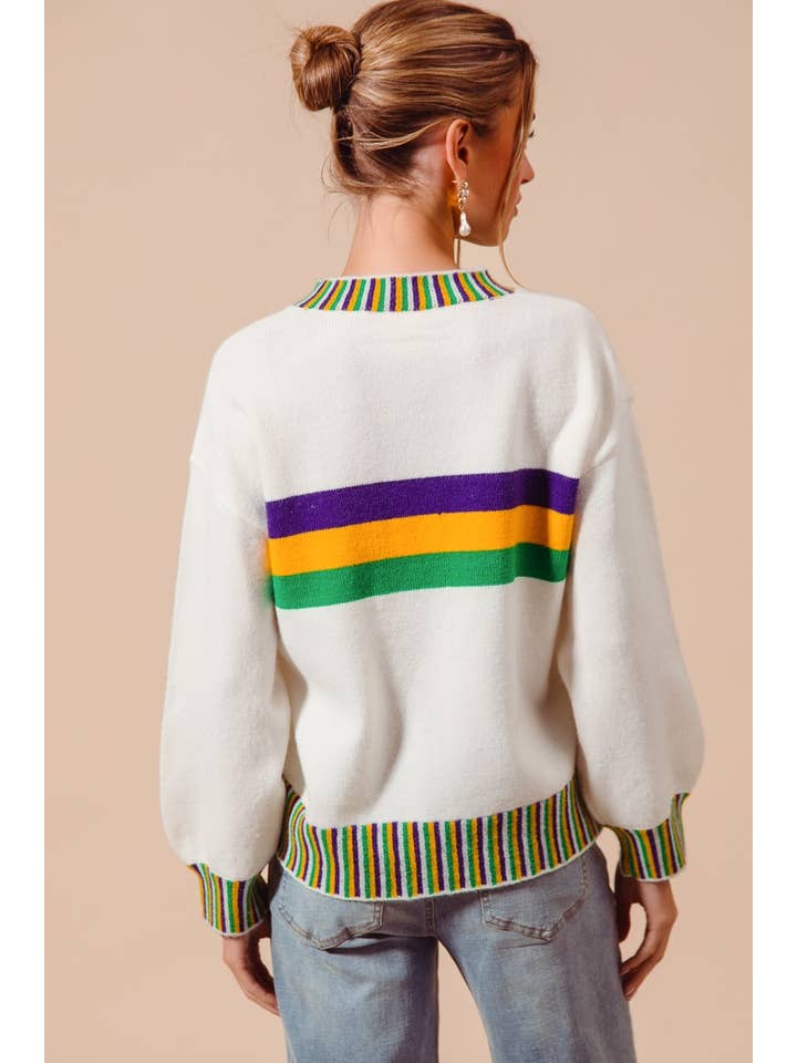 striped white mardi gras sweater
