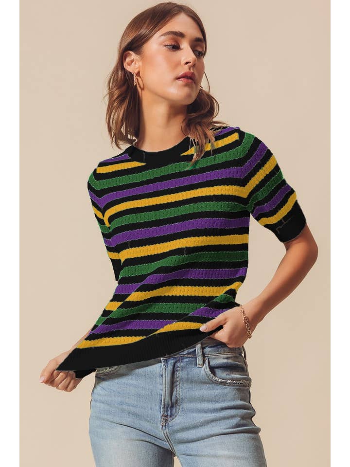 black short sleeve knit mardi gras sweater for women