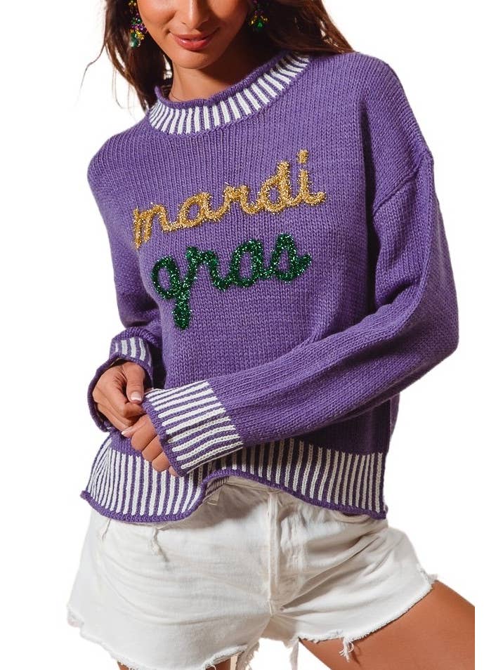 purple mardi gras sweatshirt with tinsel