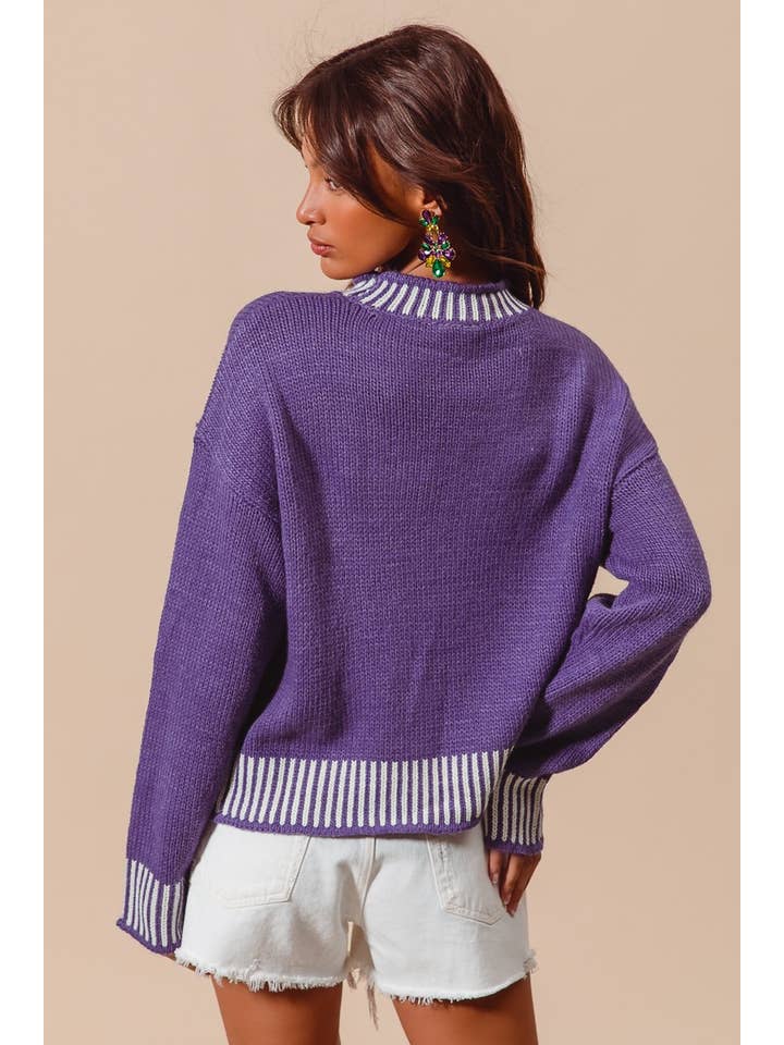 purple mardi gras sweatshirt with tinsel