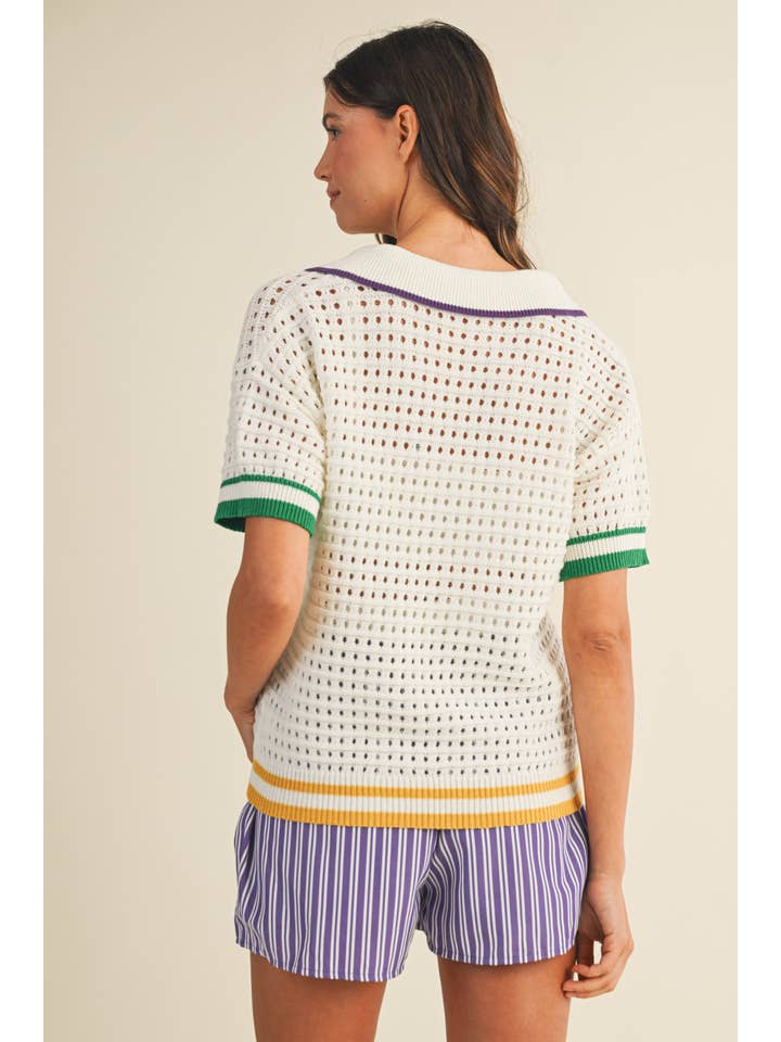 Mardi Gras Trim Open Weave V-Neck Polo Sweater