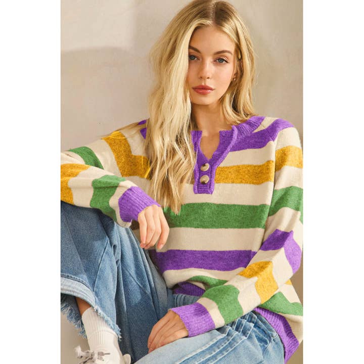 Mardi Gras Two Tone Striped Soft Puff Sweater