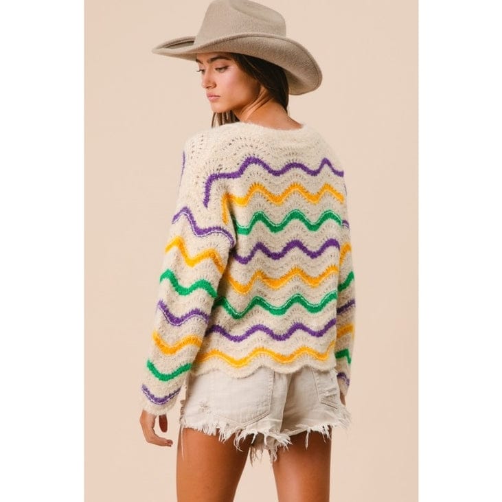 Mardi Gras Wavy Stripes V-Neck Sweater with Scalloped Hem