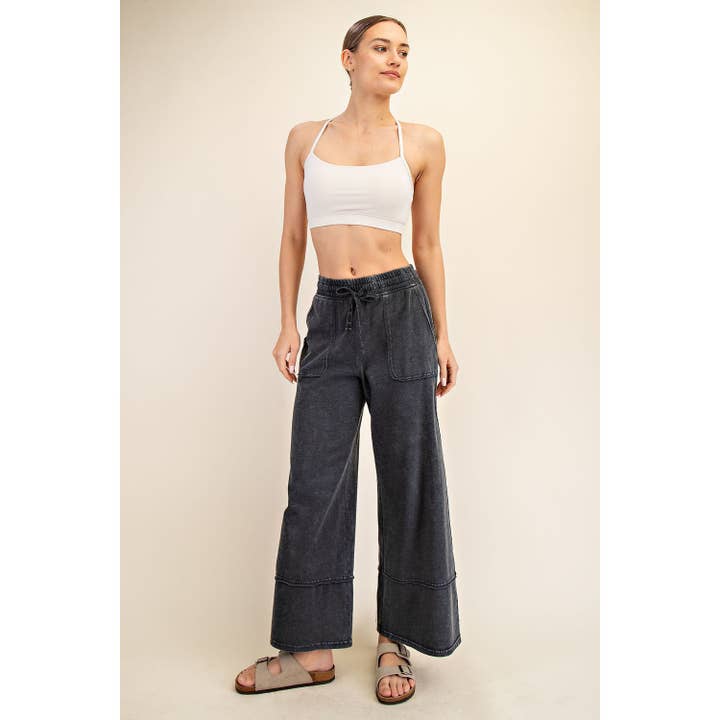 Mineral Wash Wide Leg Drawstring Pants in Black