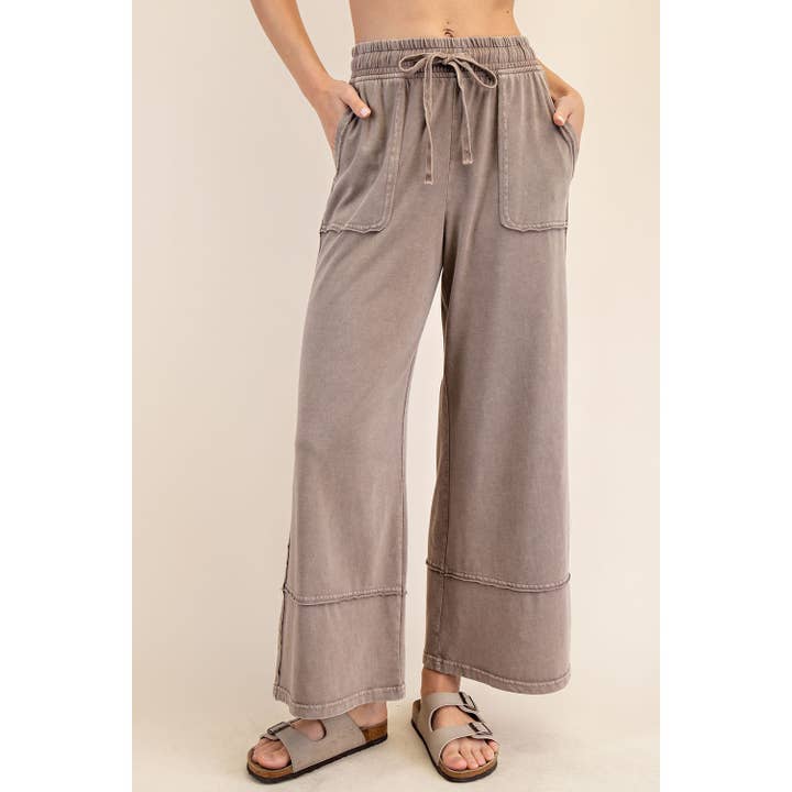 Mineral Wash Wide Leg Drawstring Pants in Mocha