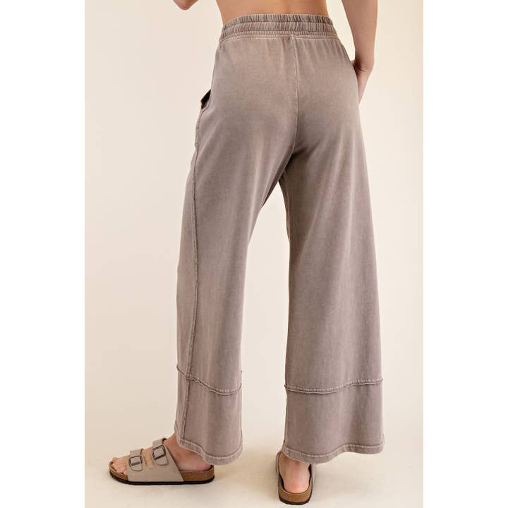 Mineral Wash Wide Leg Drawstring Pants in Mocha