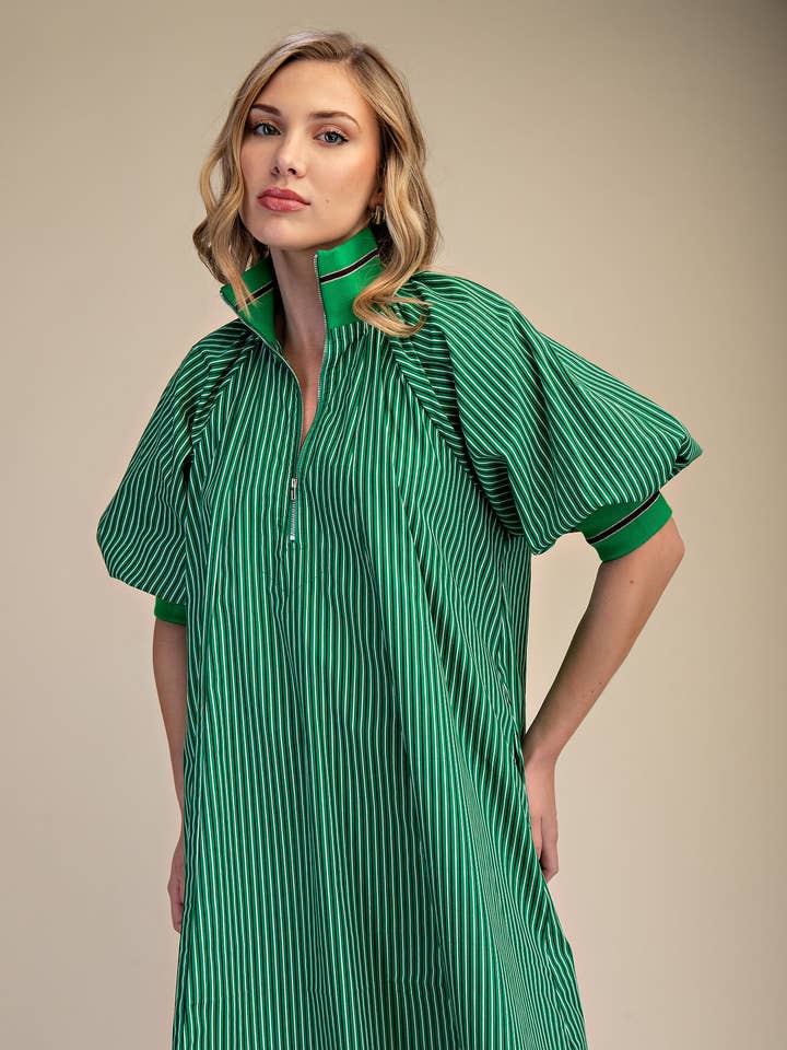 Mock Zip Neck Puff Sleeve Striped Mini Dress