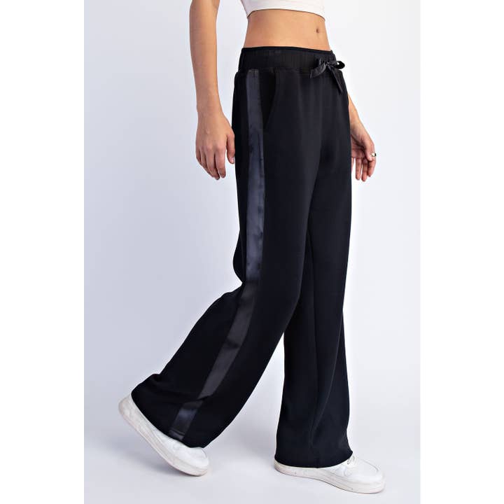 black sweat pants with satin side trim
