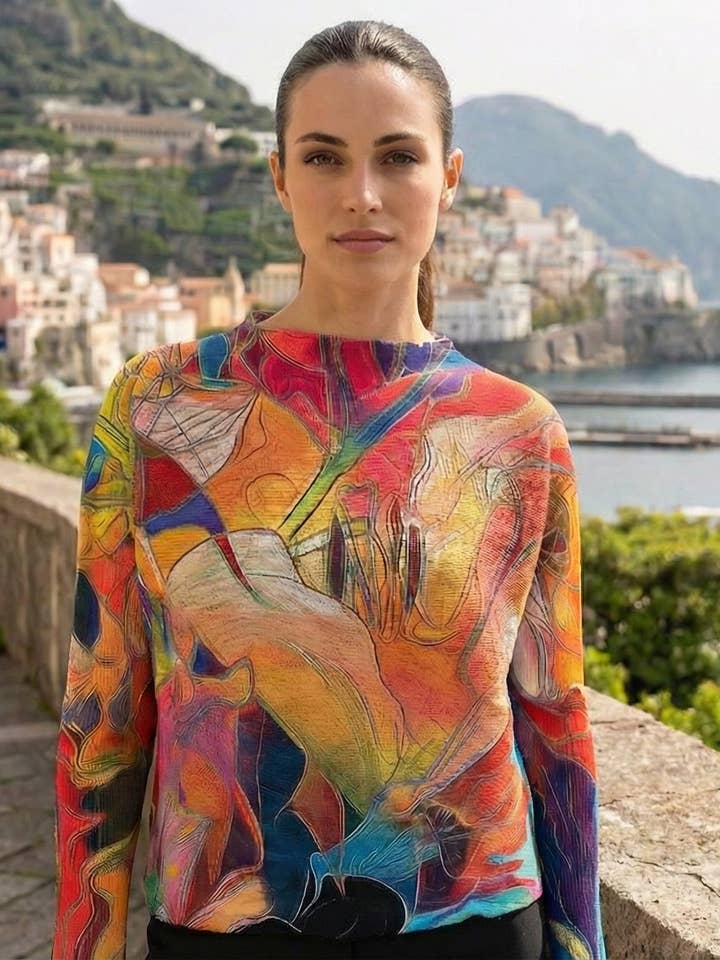 Multi Abstract Print Round Neck Knit Sweater