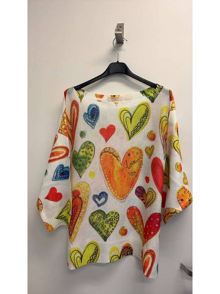 Multicolor LOVE Hearts Print Knit Sweater with 3/4 Sleeves