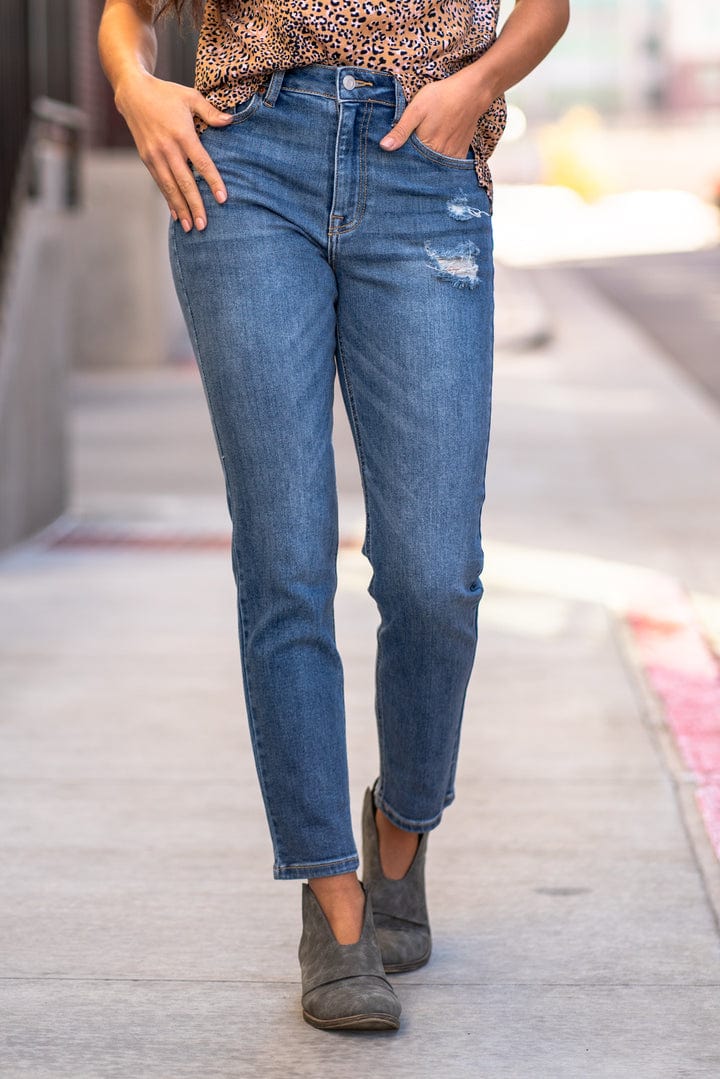 classic straight leg slight distress high rise women's jeans