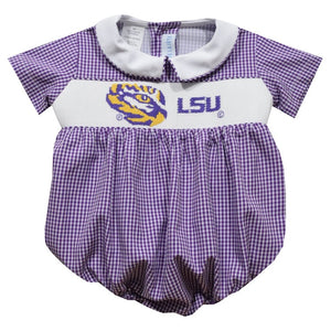 Vive La Fete Vive La Fete LSU Tigers Smocked Purple Gingham Short Sleeve Bubble - Little Miss Muffin Children & Home