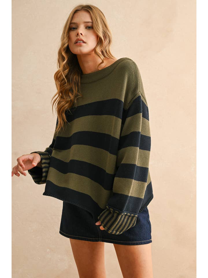 Navy/Olive Striped Sweater Top